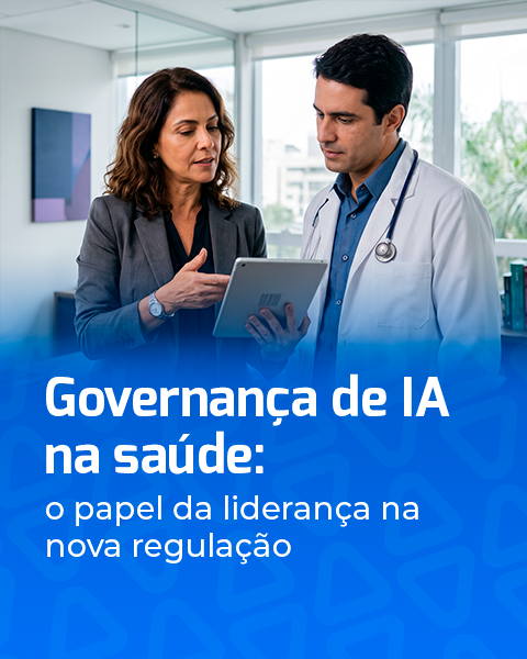 Executiva da saúde e médico analisam dados em um tablet ao discutir a governança de IA na saúde
